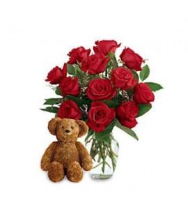 Twelve Premium Long Stemmed Roses with a Bear Twelve Premium Long Stemmed Roses with a Bear